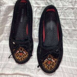 Minnetonka Womens Black Suede Leopard Calf Hair Beaded Thunderbird Moccasins